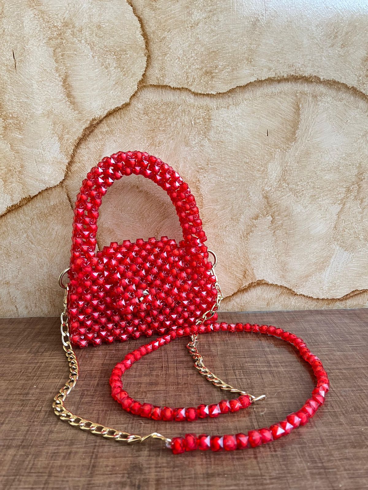 Red beads handbag with chain