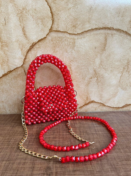 Red beads handbag with chain